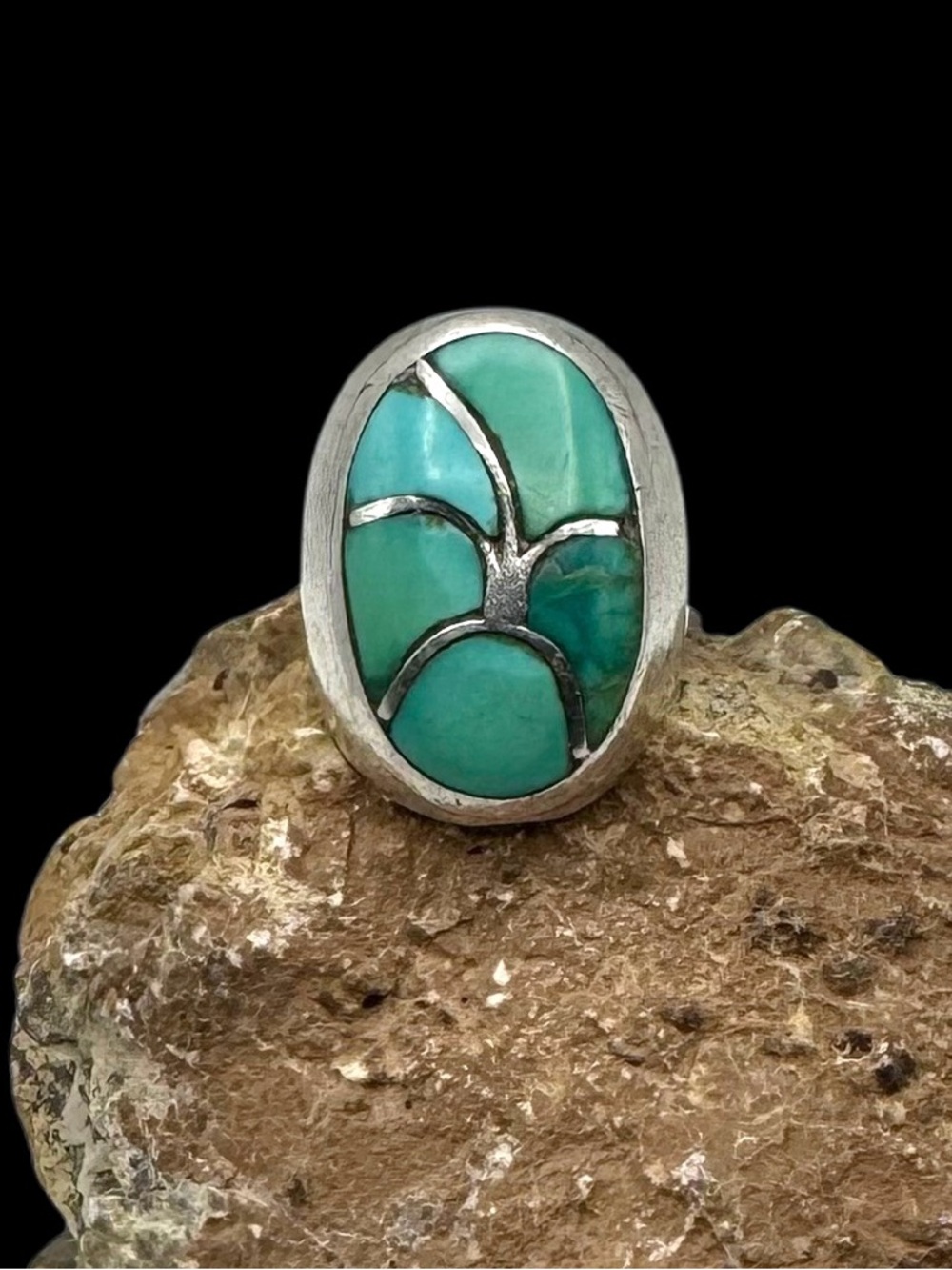 Zuni Native American Handmade Sterling Silver Turquoise Fish Scale Mens Ring 8.5